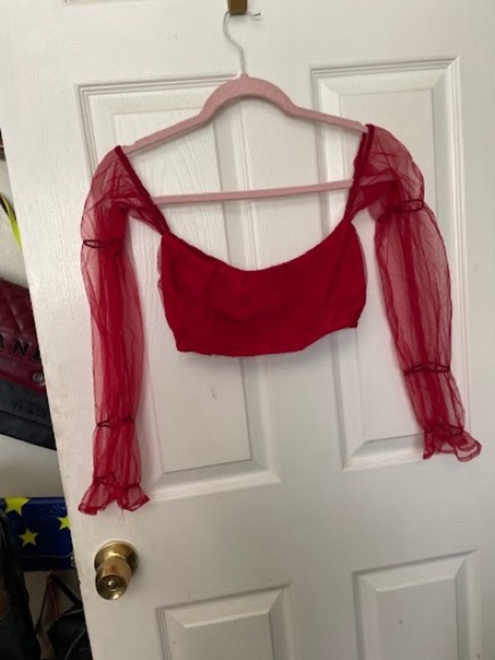 SHEIN Red Off-Shoulder Mesh Sleeve Crop Top